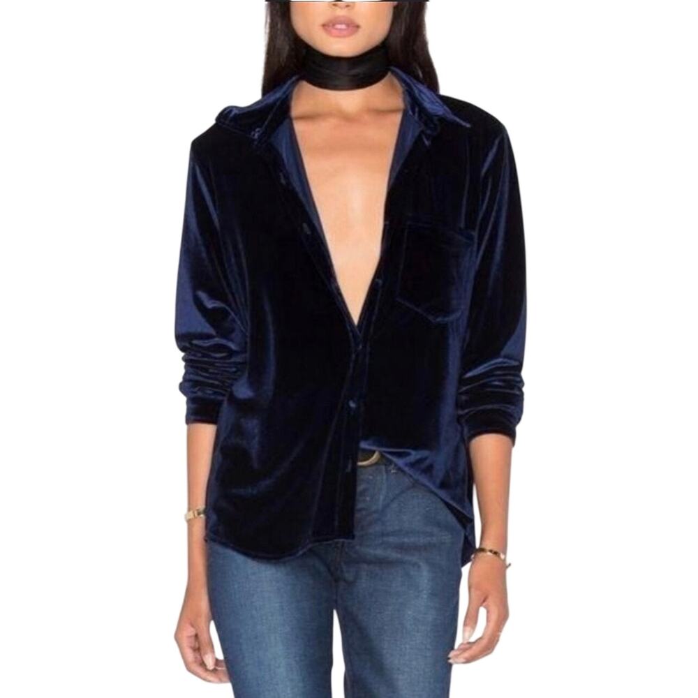 LPA Women’s Navy Blue Velvet Long Sleeve Button Up Blouse